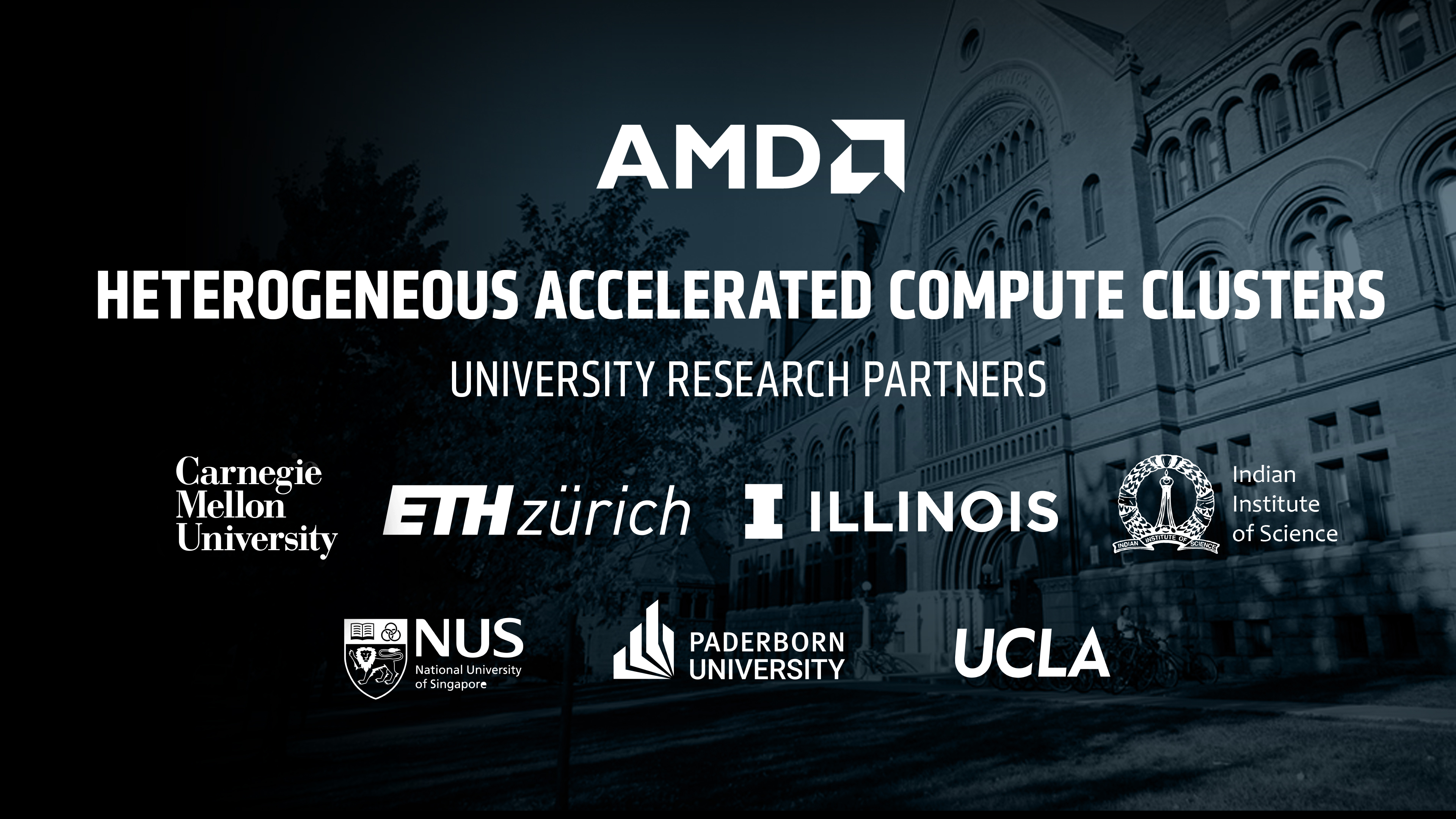 Hetrogeneous Accelerated Compute Cluster banner image showing university partner logos: CMU, ETH Zurich, UIUC, IISc, National Univesity Singapore, Paderborn University, UCLA